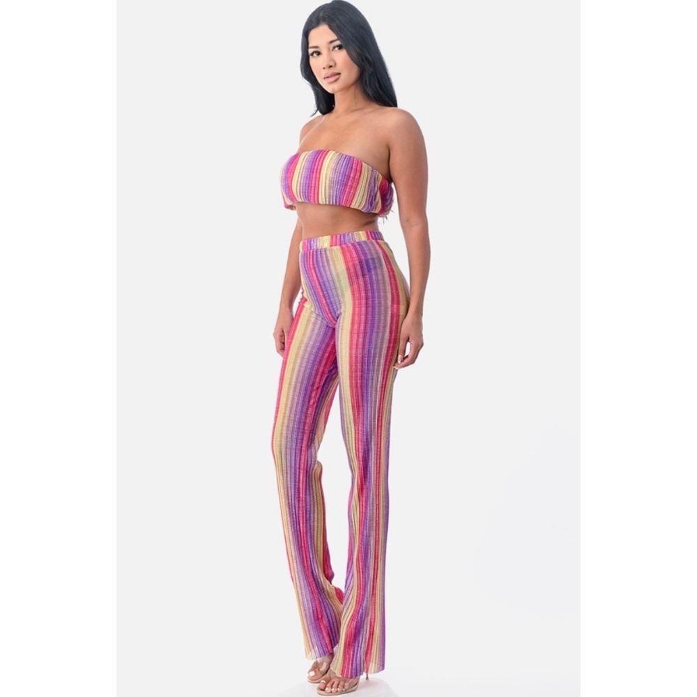 Multicolor Striped 'Cher' Set Tube Top High Waisted Pants Resortwear Beach Club